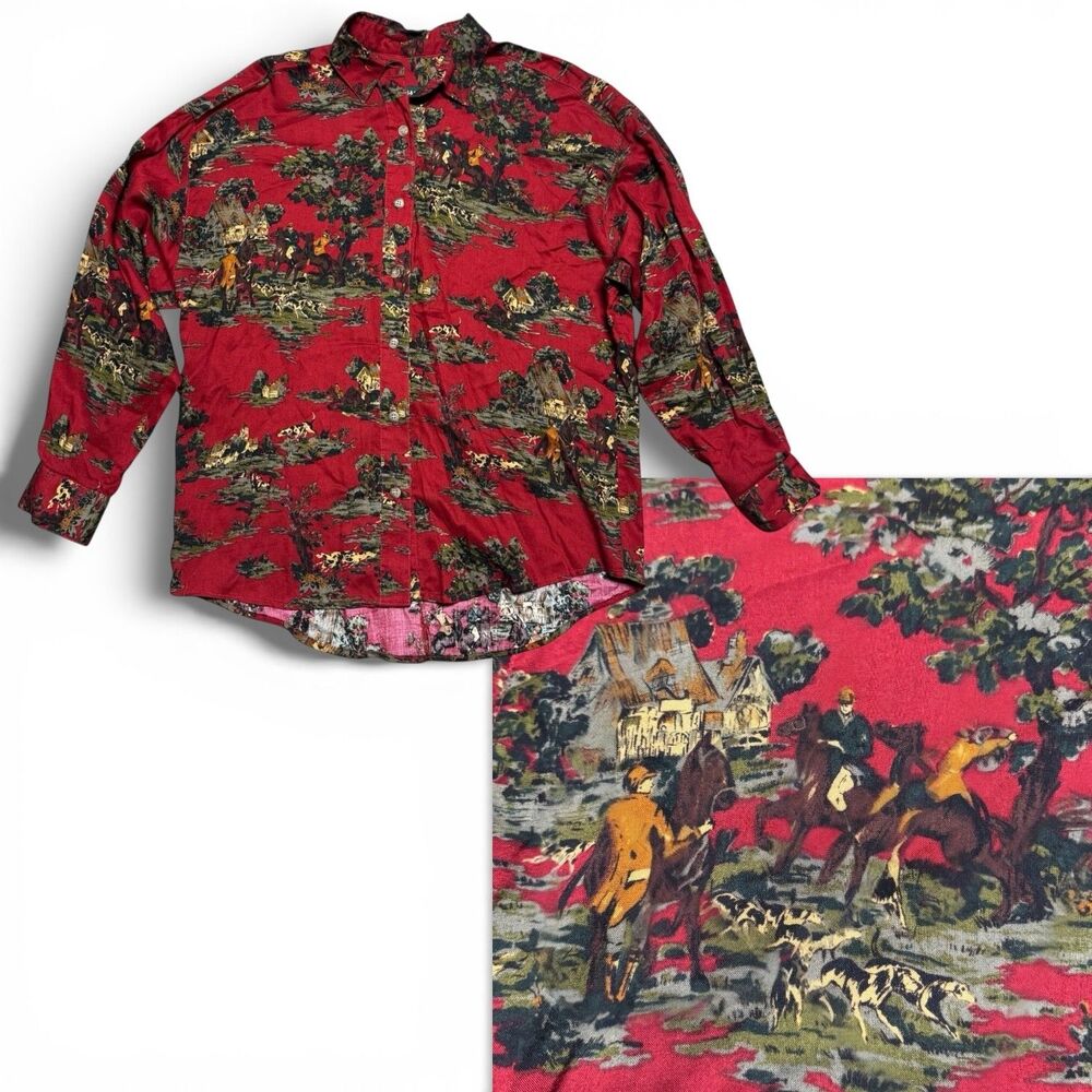 Vtg 90s Bushwacker Equestrian Shirt L Red USA Fox Hunting Countryside Novelty